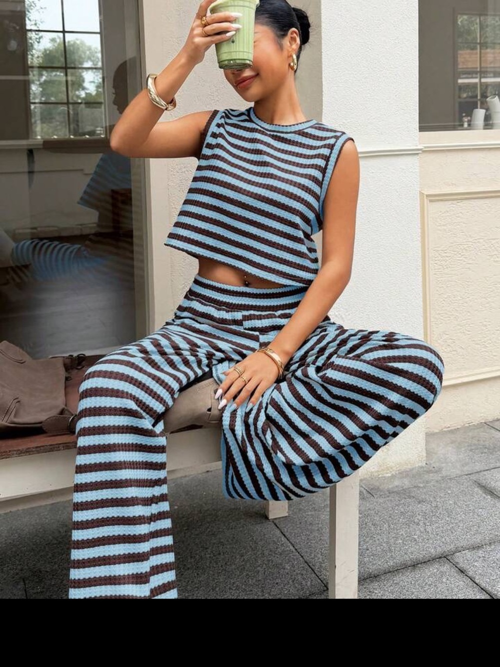 SHEIN Blue and Brown Striped Wide-Leg Knit Pants & Crop Top Set